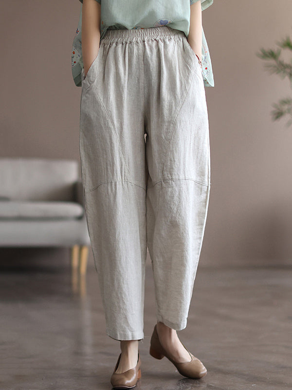 Simple Linen Solid Color Split-Joint Harem Pants