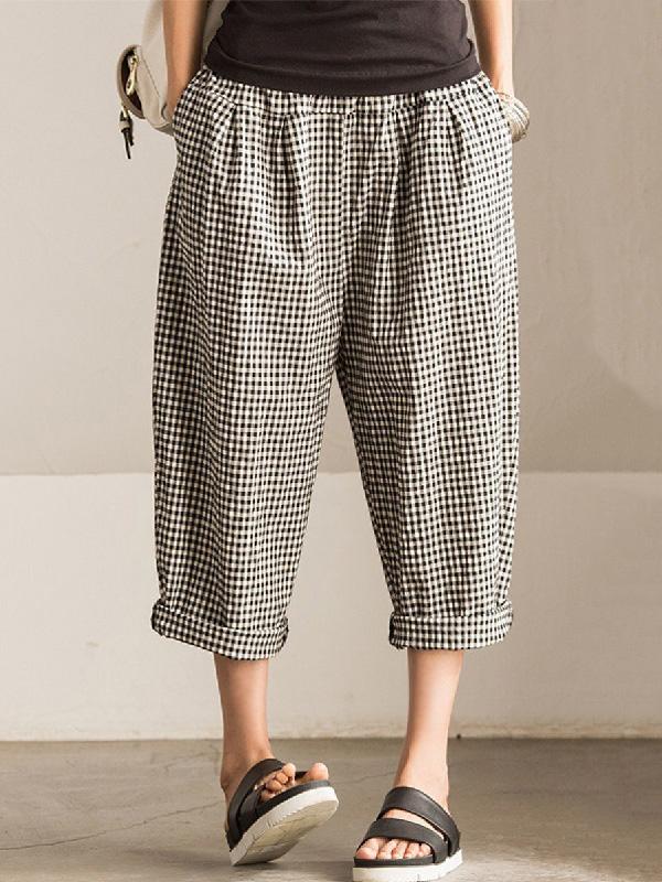 Casual Vintage Plaid Elastic Waist Pants