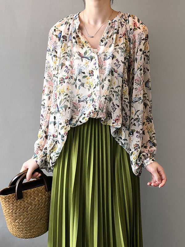 Urban Multi-Colored Floral Printed Puff Sleeves Chiffon Blouse