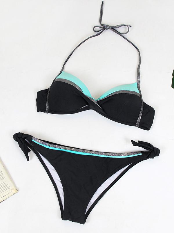 Plus Size Contrast Color Lace-up Bikini Set