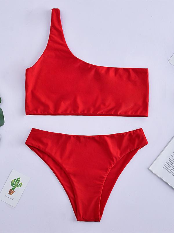 Sexy Single Shoulder Solid Color Split Bikini Swimsuit