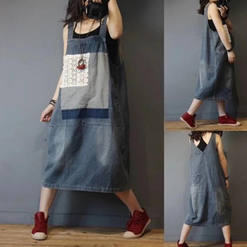 Denim Spliced Patchwork Washed Suspenders Dress