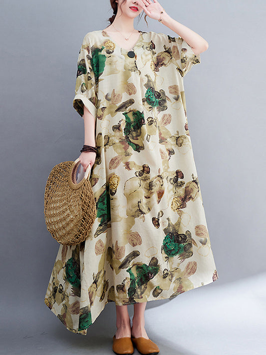 Artistic Retro Loose Floral Printed Ramie Cotton Midi Dress