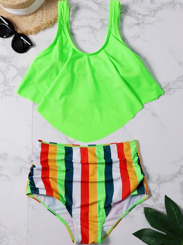 Plain Ruffle Top With Stripe Panty Bikini Set