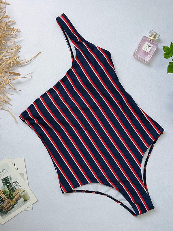 Single Shoulder Striped&Plain One-piece Swimwear