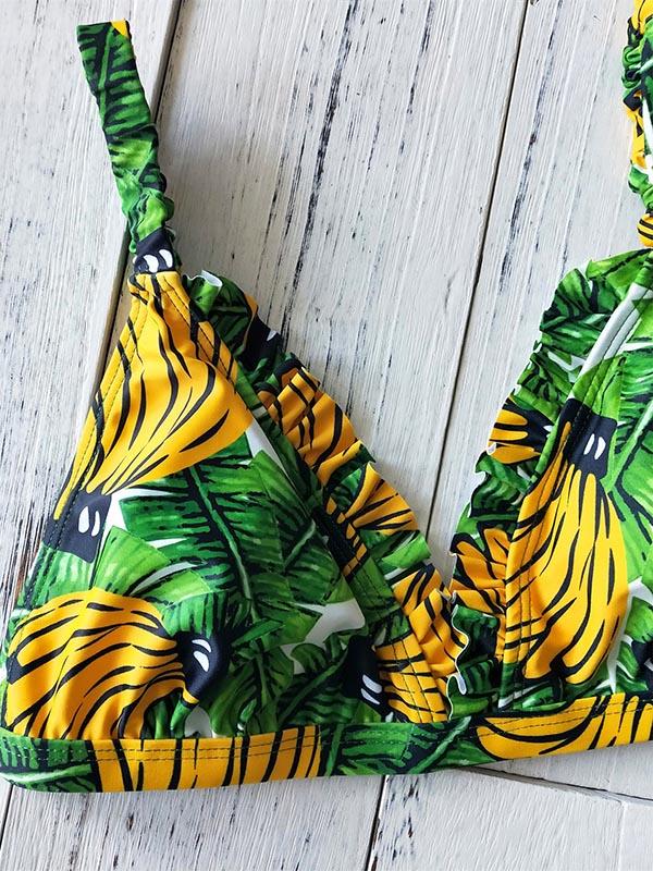 Ruffled Banana Printing Bikini Swimsuit