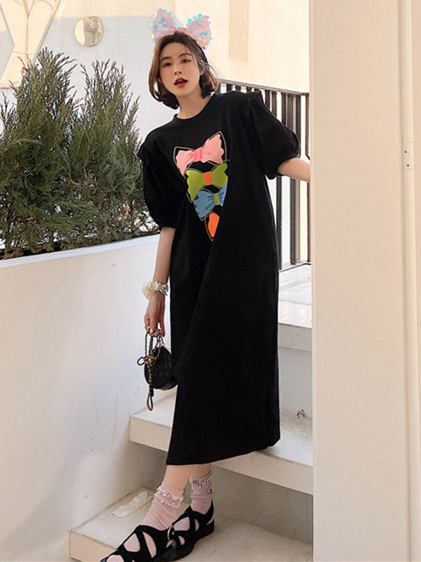 Original Split-Side Printing Puff Sleeve Midi Dress