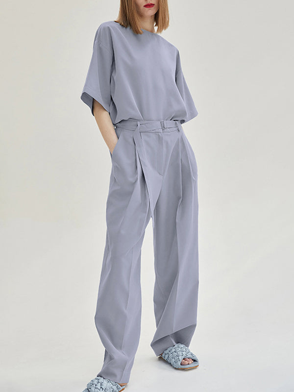 Casual Solid Color Zipper Buttoned Round-Neck Half Sleeves T-Shirt+Tied Wide Leg Pants 2 Pieces Set