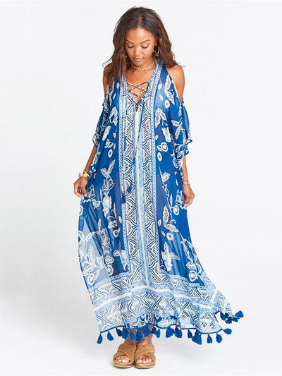 Blue White Printed Loose Plus Size Tasseled Bikini Cover-ups