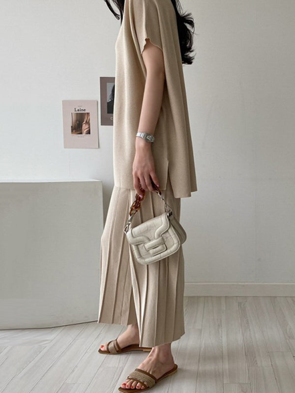 Casual Solid Color Split-Side Round-Neck Batwing Short Sleeves T-Shirt+Pleated Wide Leg Pants 2 Pieces Set