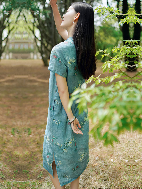 Vintage Ramie Cotton Floral Printed Stand Collar Split-Side Short Sleeves Dress Long Cheongsam