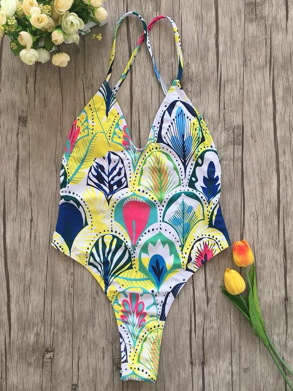 Leaves Printed Backless One-piece Swimwewar