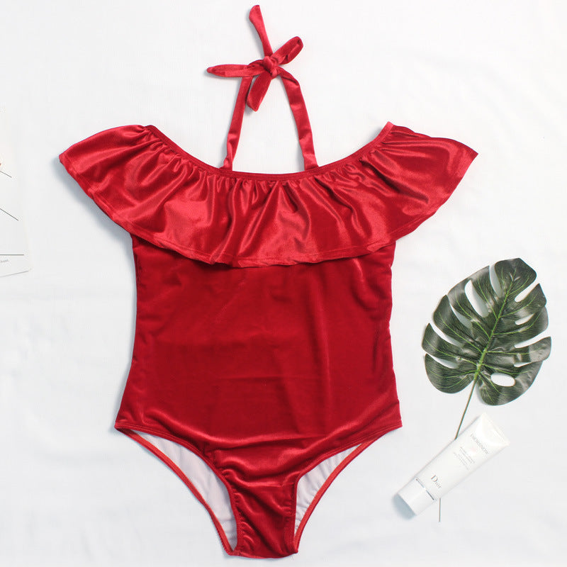 large size one-shoulder velvet fabric One-piece swimsuit