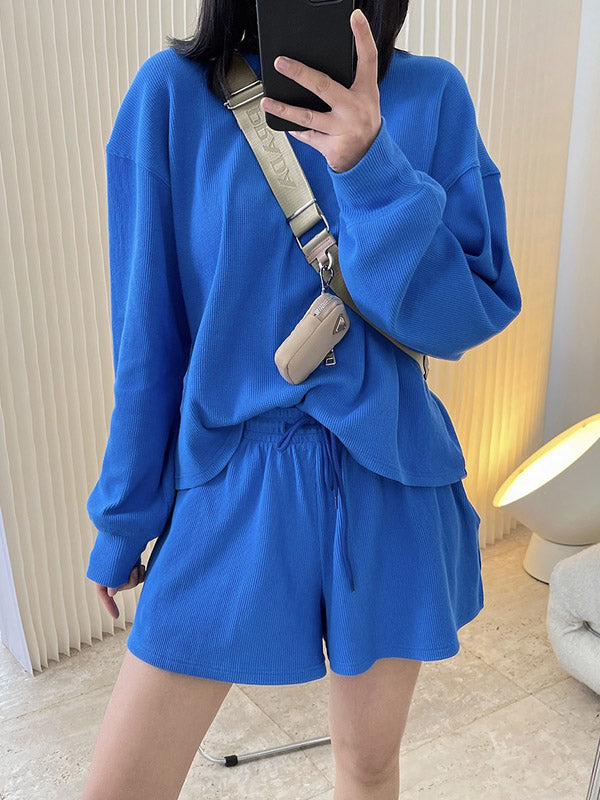 Casual Solid Color Sweatshirts& Drawstring Wide Leg Shorts Suits