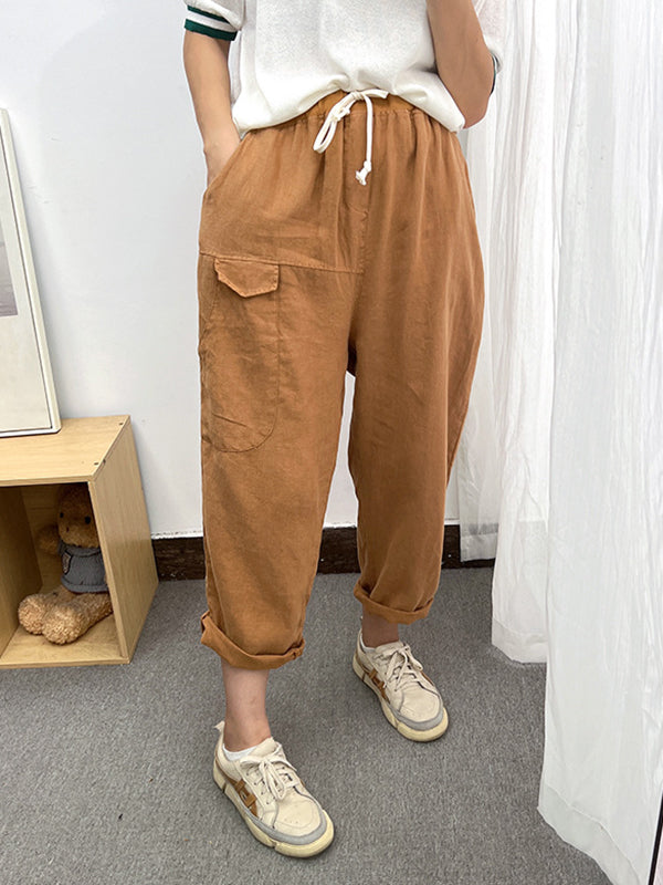 Simple Casual Loose Ramie Cotton Solid Color Drawstring Harem Pants