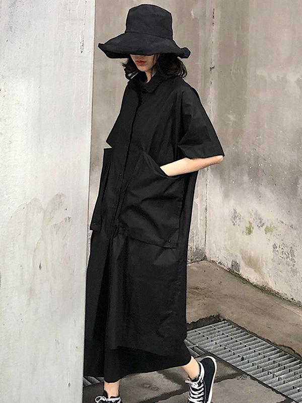 Original Loose Oversize Solid Black Blouse Dress