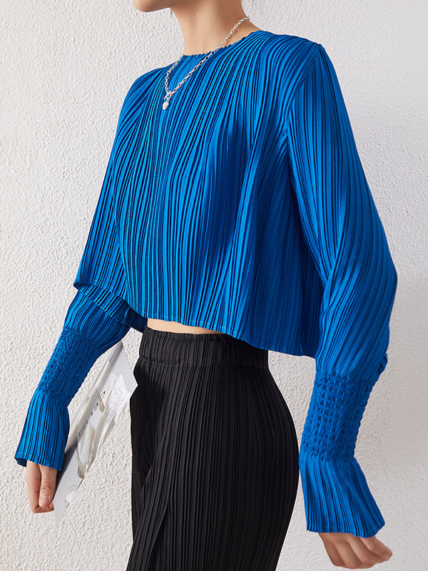 Loose Flared Sleeves Pleated Solid Color Round-Neck T-Shirts Tops