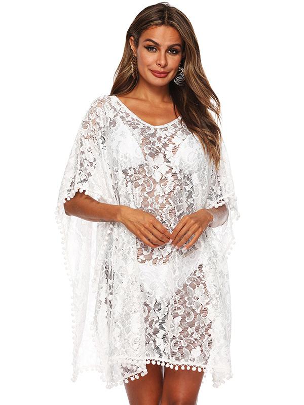 Sexy Solid White Loose Beach  Lace Cover-Up