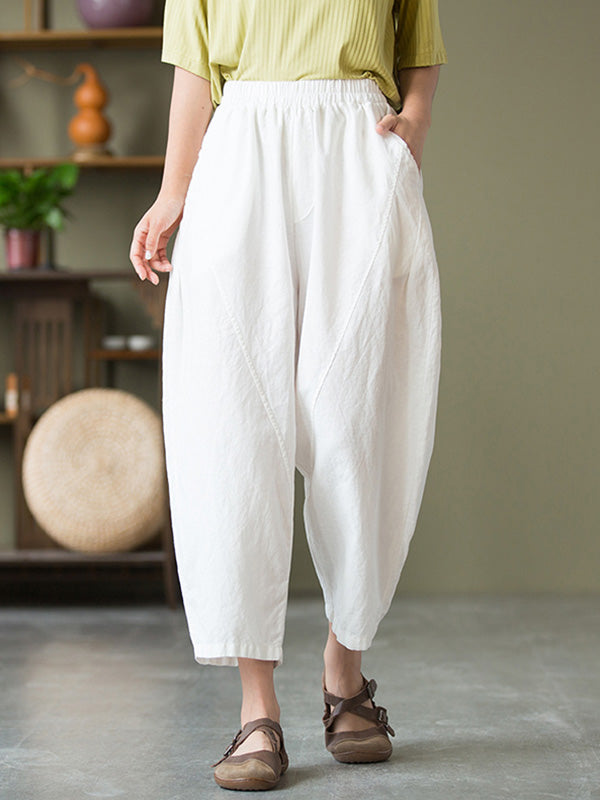 Simple Loose Linen Solid Color Split-Joint Pleated Drawstring Casual Pants