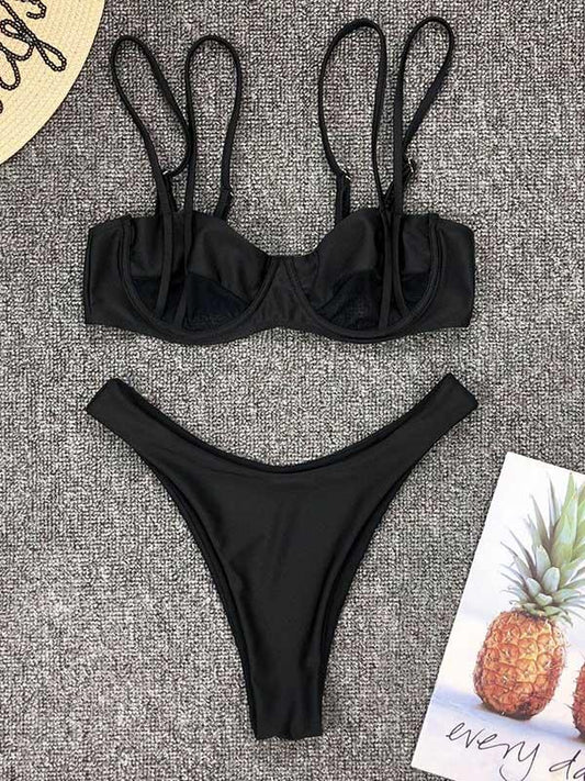 Sexy Spaghetti-Neck Mesh Yarn Split-Joint Split Type Bikini Swimsuit