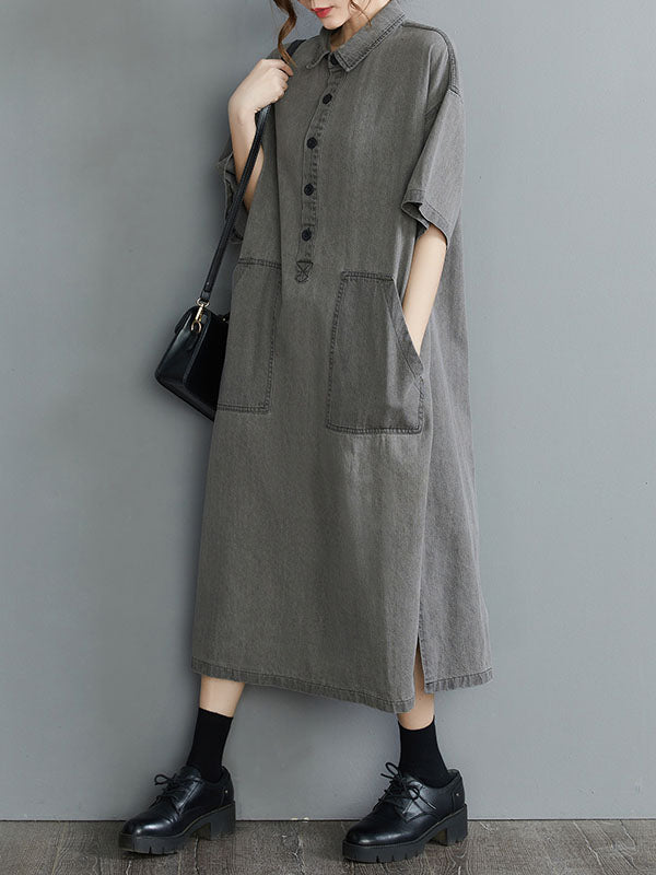 Artistic Retro Split-Joint Lapel Short Sleeves Loose Shirt Dress