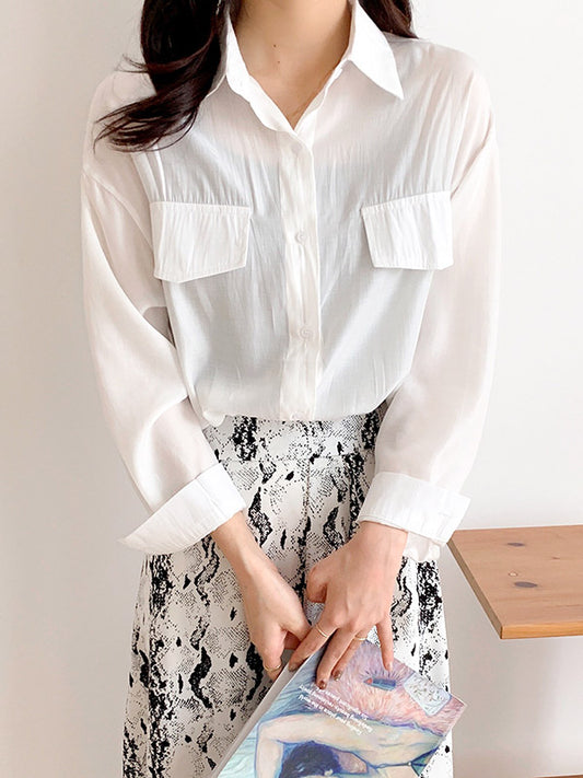 Simple Solid Color Buttoned Lapel Sun Protection Long Sleeves Blouse Tops