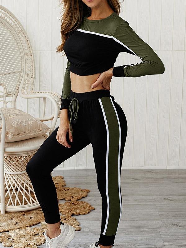 Paneled Long Sleeve Crop Tees And Track Pants Suits