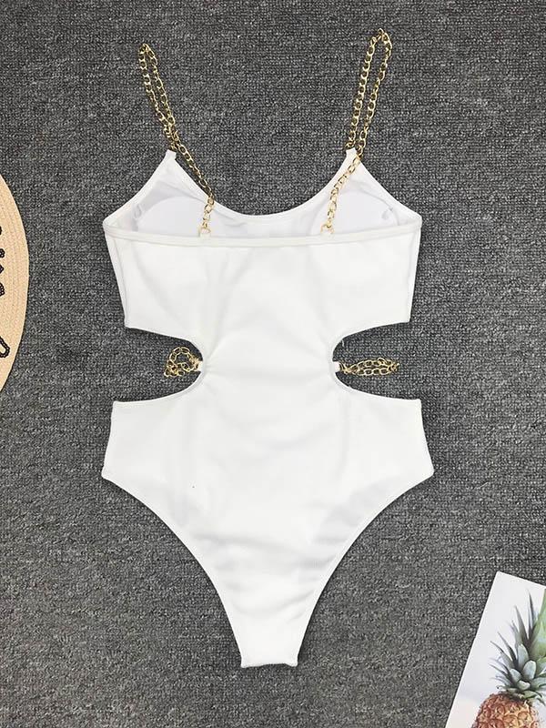 Solid Color Chain-Embellished One-Piece Swimwear