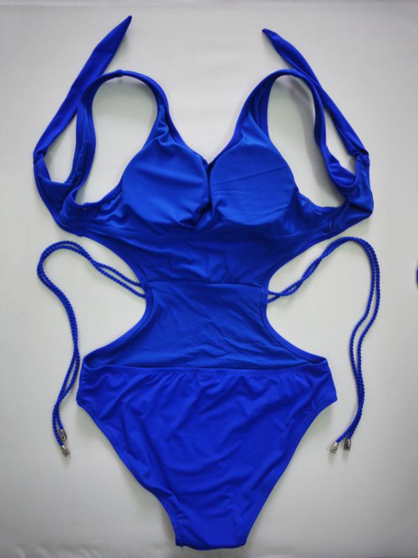 Plain Hollow Lace-up One-piece Swimsuit