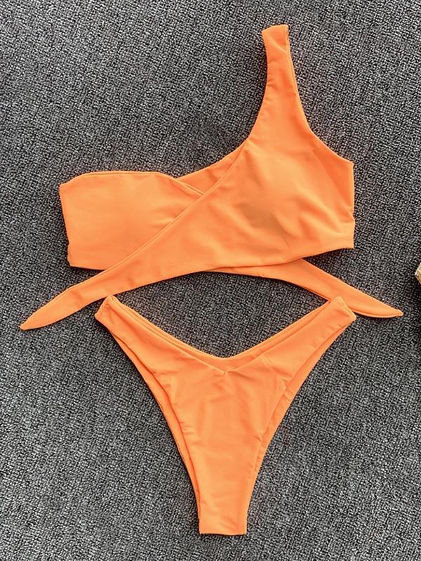 One-Shoulder Knotted Split Bikini Swimsuit