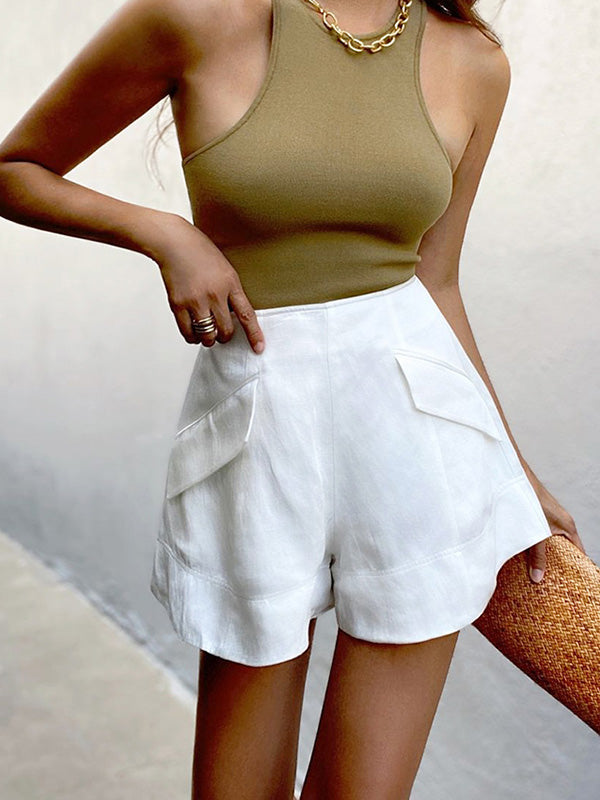 Simple White High-Waisted Wide Leg Shorts