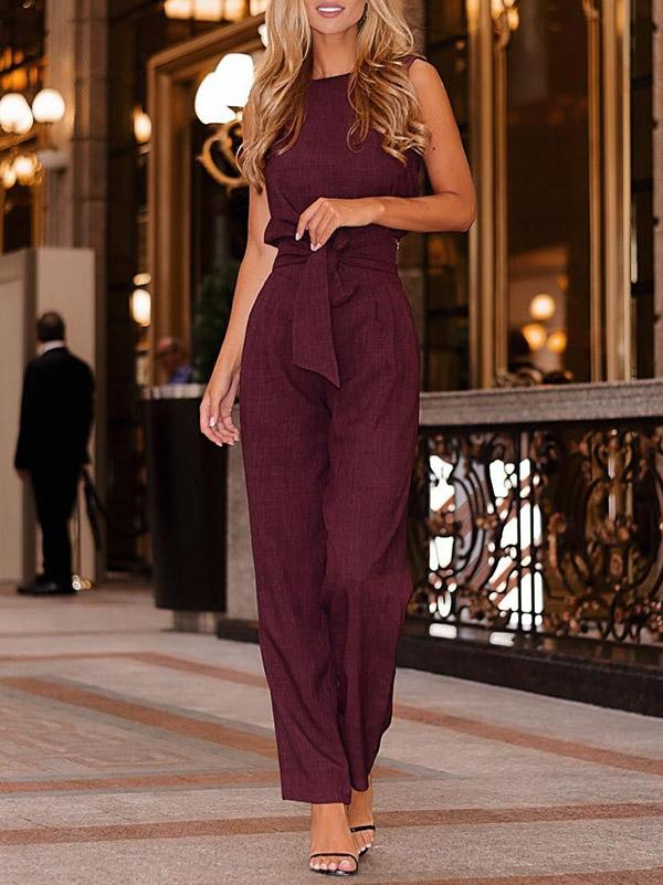 Solid Color Sleeveless Belted Jumpsuits