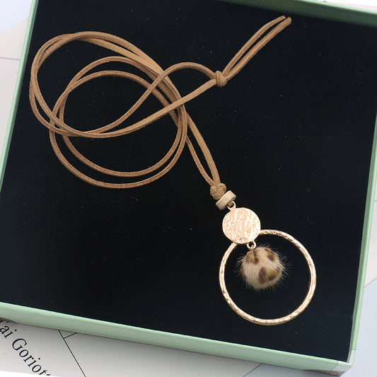 Circle Necklace long wool ball pendant