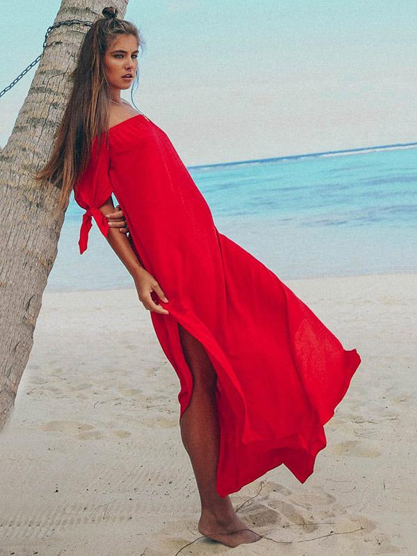 Off Shoulder Split-side Solid Beach Maxi Dresses