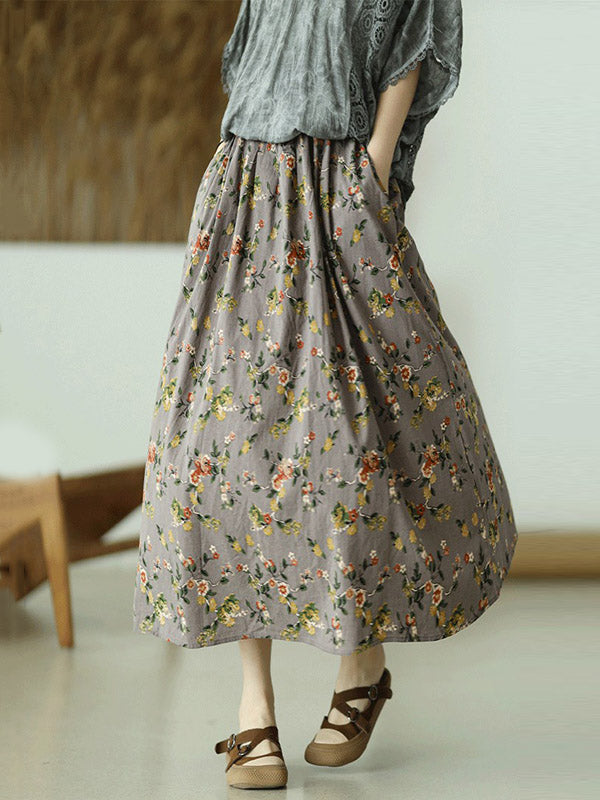 Stylish Ramie Cotton Floral Printed Loose A-Line Skirts