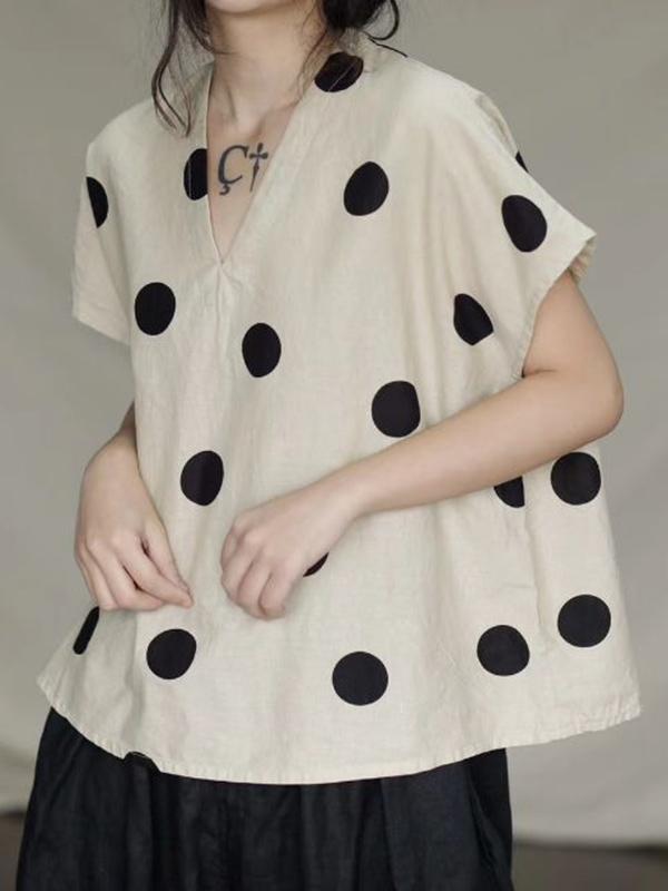 Literary Original Polka-dot V-neck Linen T-shirt