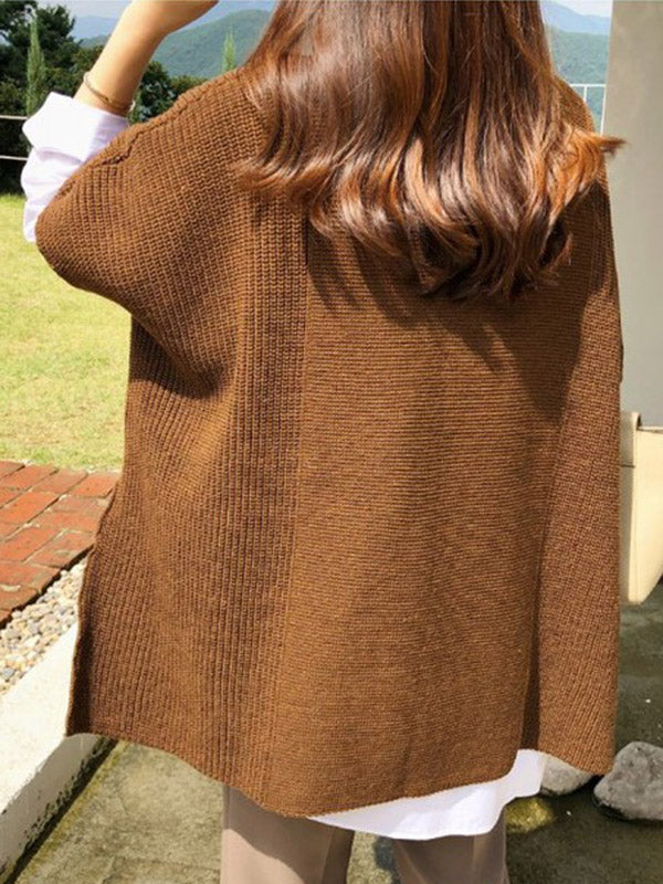 Casual Solid Color Round-Neck Half Sleeves Knitted Sweater Cape Top