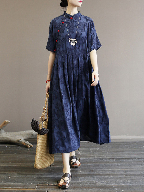 Original Solid Embroidered Stand Collar Midi Dress Long Cheongsam