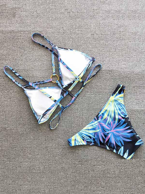 Metal Ring Leaf Print Bikini Swimsuit