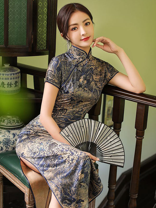 Vintage Satin Printed Split-Side Short Sleeve Long Cheongsams