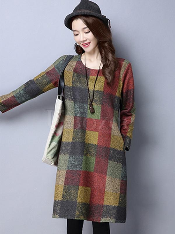 Retro Plaid Thicken Woolen Mini Dress