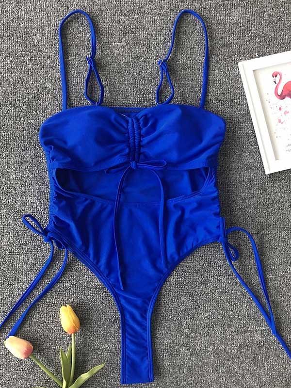 Plain Spaghetti-neck One-Piece Swimsuit