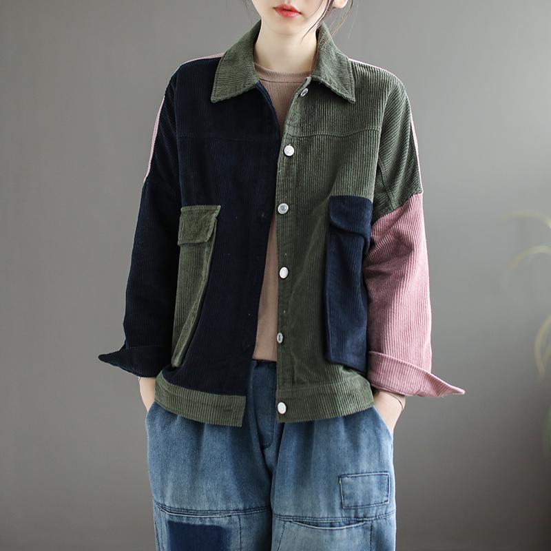 Buykud Turn-down Collar Contrast Color Retro Corduroy Coat