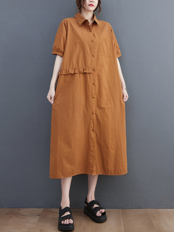 Original Artistic Retro Loose Solid Color Falbala Split-Joint Midi Shirt Dress