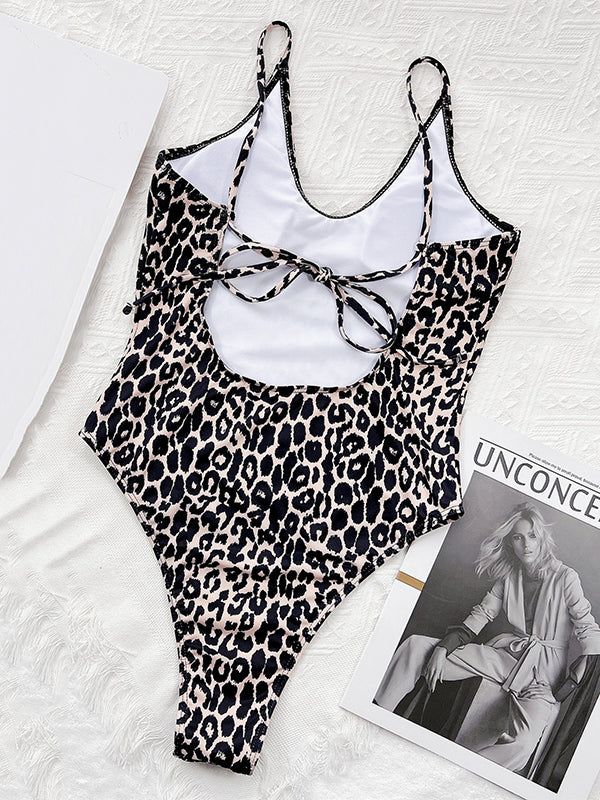 Tied Spaghetti-Neck Leopard One-Piece Swimsuit