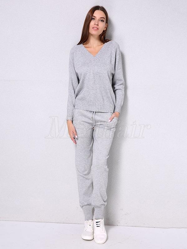 Solid Drawstring Knitting Sweater Sports Suits