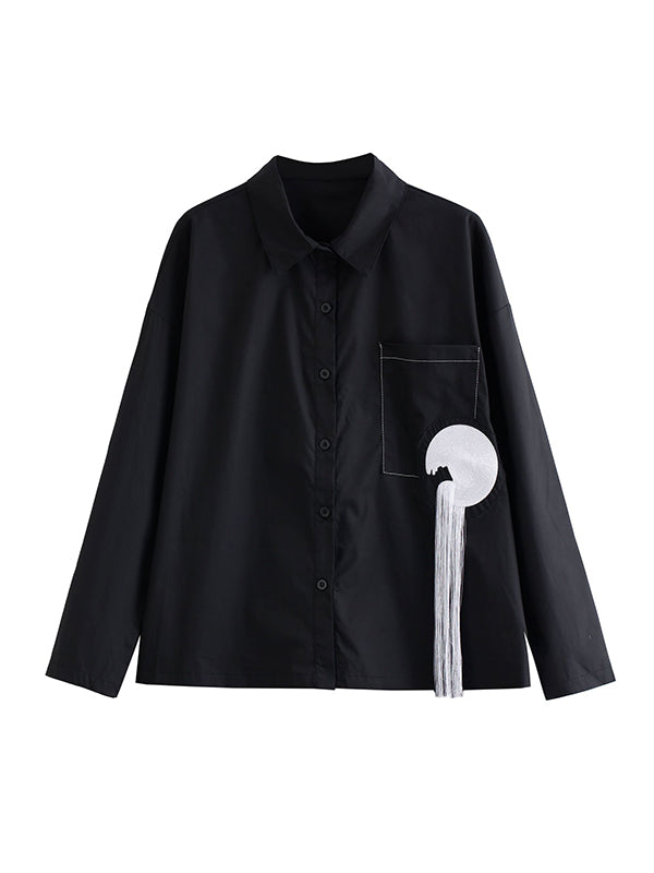 Original Stylish Split-Joint With Pocket Buttoned Tasseled Lapel Collar Long Sleeves Blouse