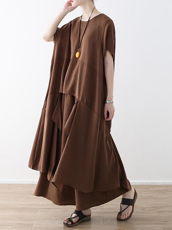 Loose Coffee Split-joint Cropped T-shirt&Wide Leg Pants Suits