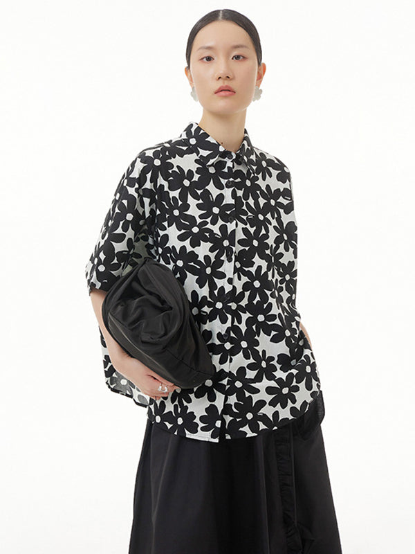 Simple Loose Floral Printed Split-Joint Blouse