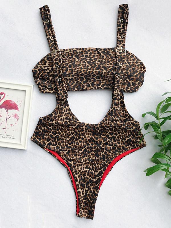 Leopard-Print Straps Split Bikini Swimsuit